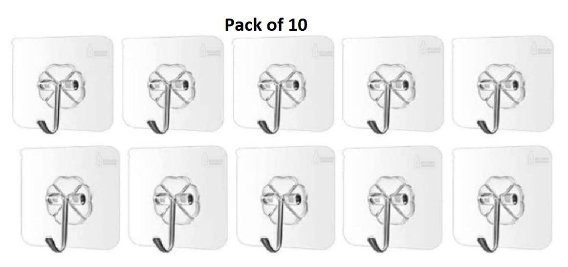 Self Adhesive Wall Hooks, Heavy Duty Sticky Hooks for Hanging 10kg (max), Waterproof Transparent Hooks for Wall (Pack of 10)
